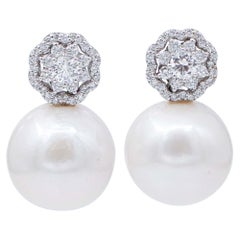 South-Sea Pearls, Diamonds, 18 Karat White Gold Earrings