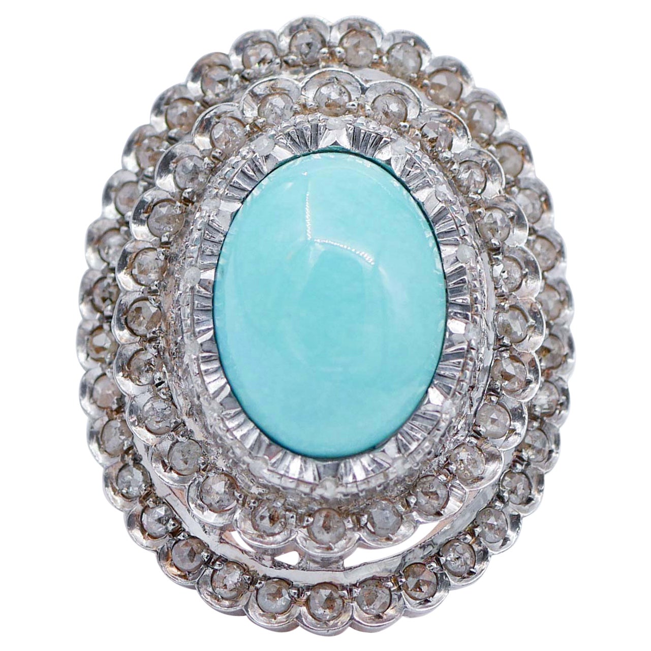 Turquoise, Diamonds, Rose Gold and Silver Retrò Ring