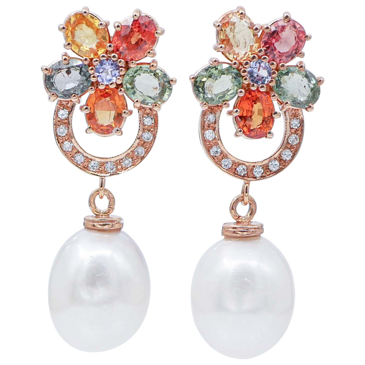 Pearls, Tanzanite, Multicolor Sapphires, Diamonds, 14 Karat Rose Gold Earrings.