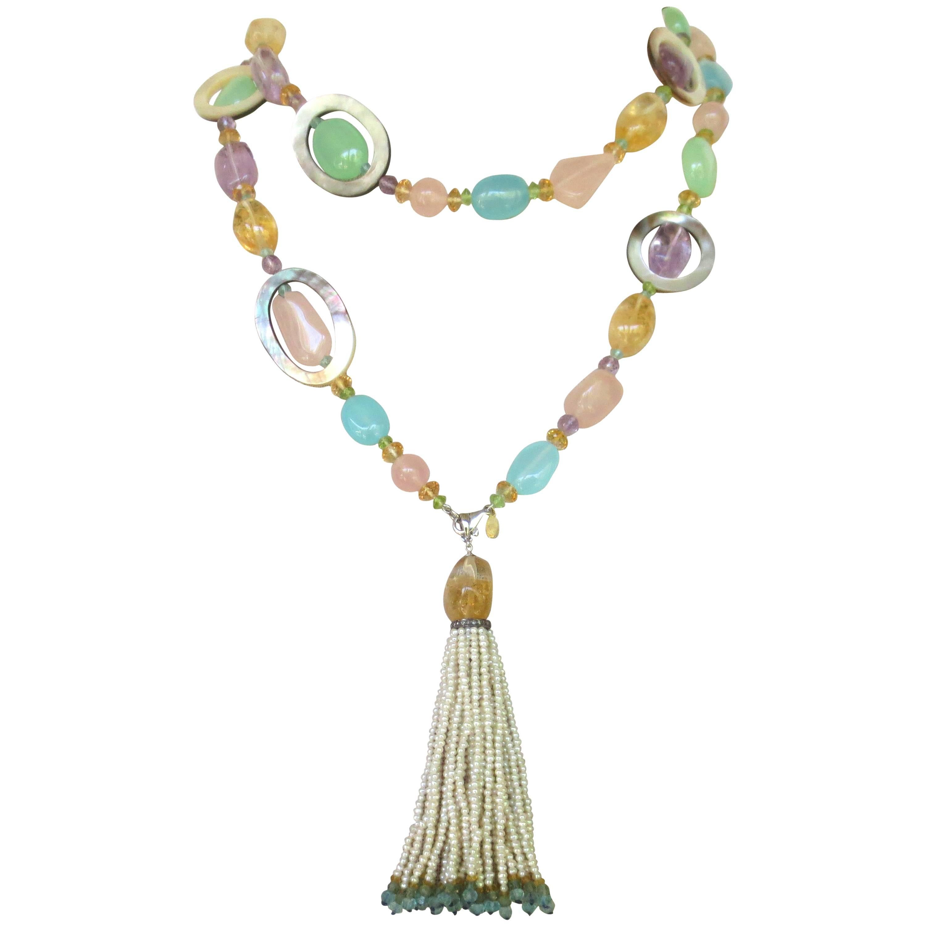 Multi-Color Semi-Precious Bead Long Lariat Necklace with Pearl Tassel