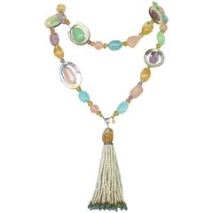 Multi-Color Semi-Precious Bead Long Lariat Necklace with Pearl Tassel