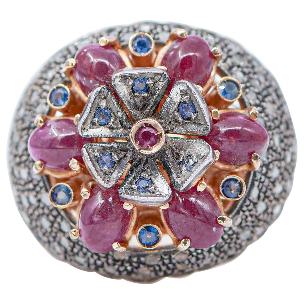 Rubies, Sapphires, Diamonds, 14 Karat Rose Gold and Silver Ring. For Sale