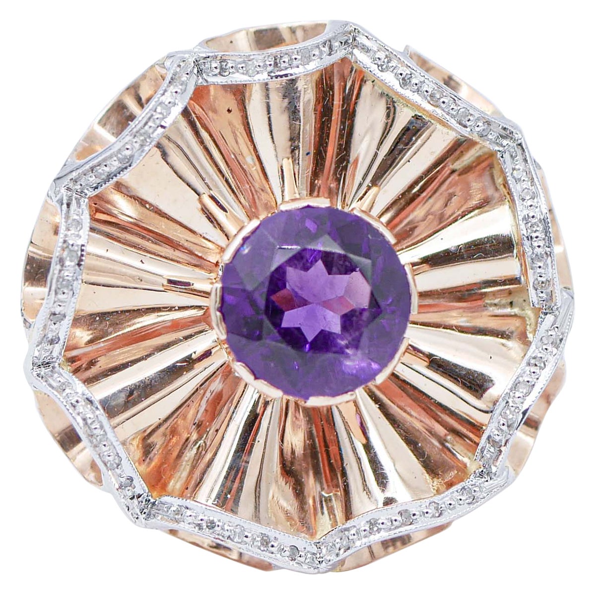 Amethyst, Diamonds, 14 Karat Rose and White Gold Ring For Sale