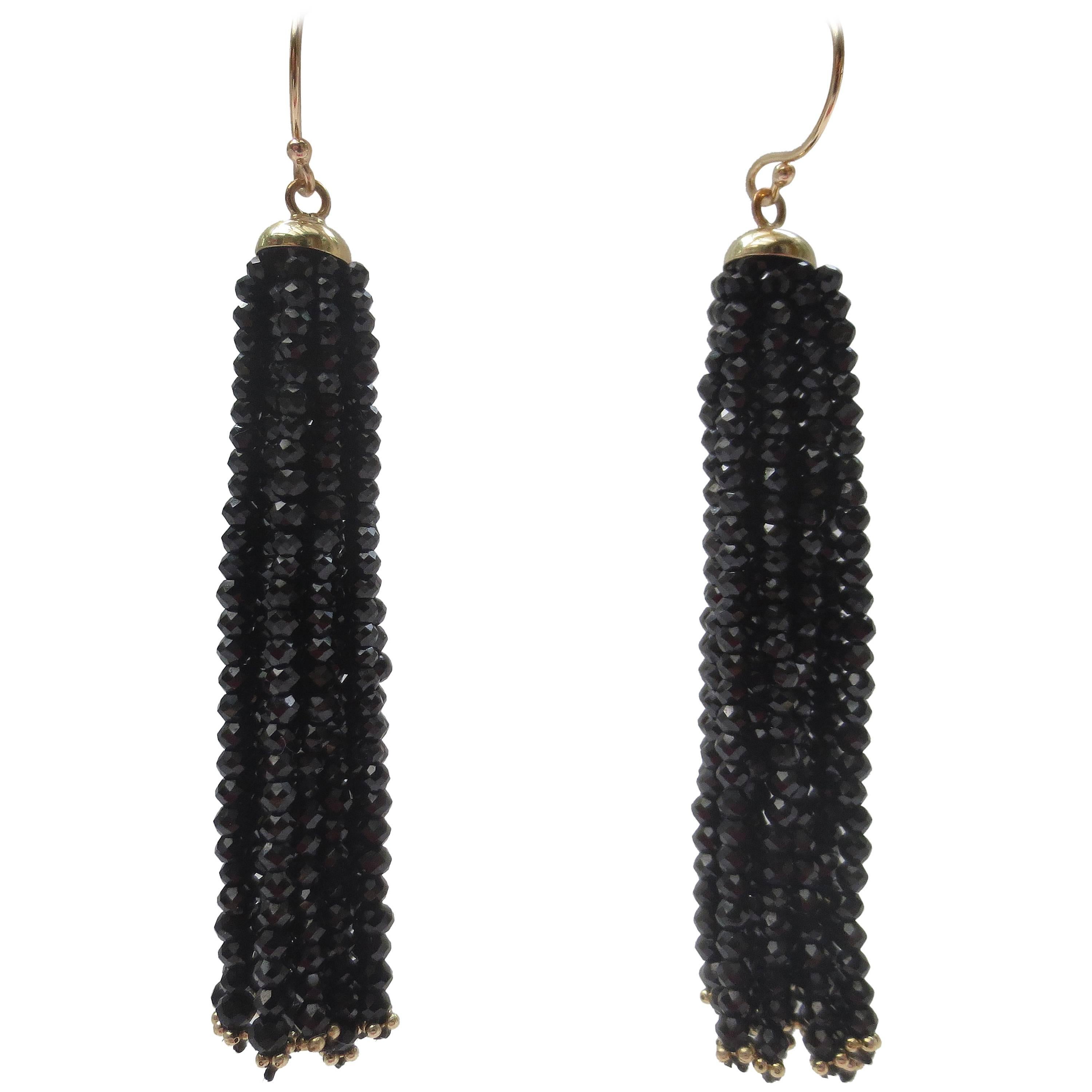 Marina J Multi-Strand Faceted Black Spinel Bead 14 k Gold Dangle Tassel Earrings