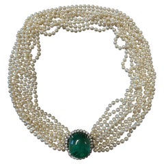 Vintage Cabochon Cut Emerald Center and Pearl Multi Strand Necklace in 14K Gold