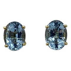 5 Carat Aquamarine Earrings 14 Karat Gold Mid-Century Oval Faceted Aquas