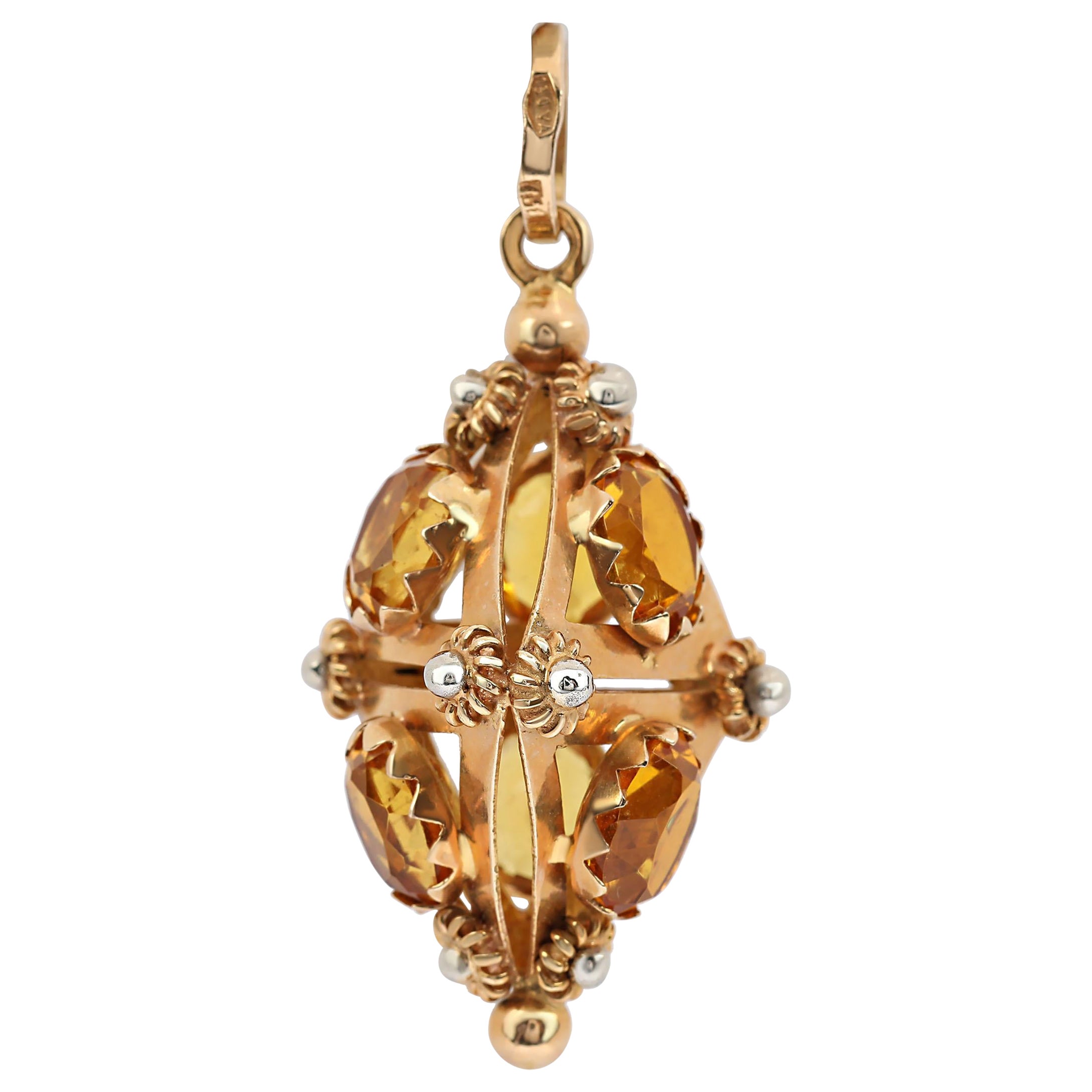 Lanterne néo-étrusque en or jaune 18 carats avec pendentif en forme de bouton et citrine