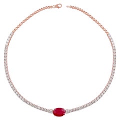 Collier ras du cou en or rose 18 carats avec pierres précieuses rubis ovales et diamants, fabrication artisanale
