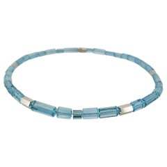 Intense Sky Blue Aquamarine Crystal Beaded Necklace with 18 Carat Mat White Gold