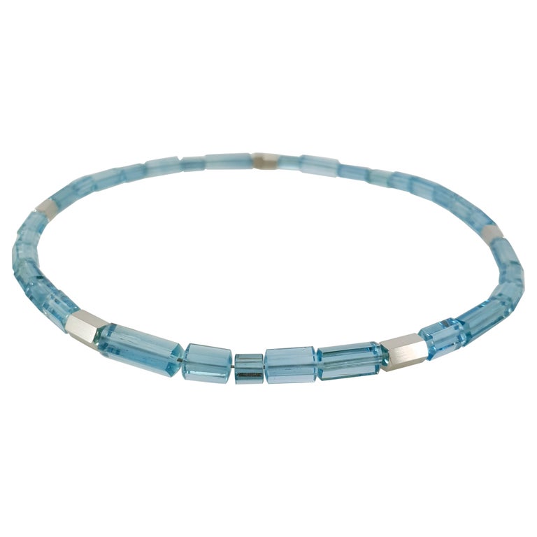Intense Sky Blue Aquamarine Crystal Beaded Necklace with 18 Carat Mat