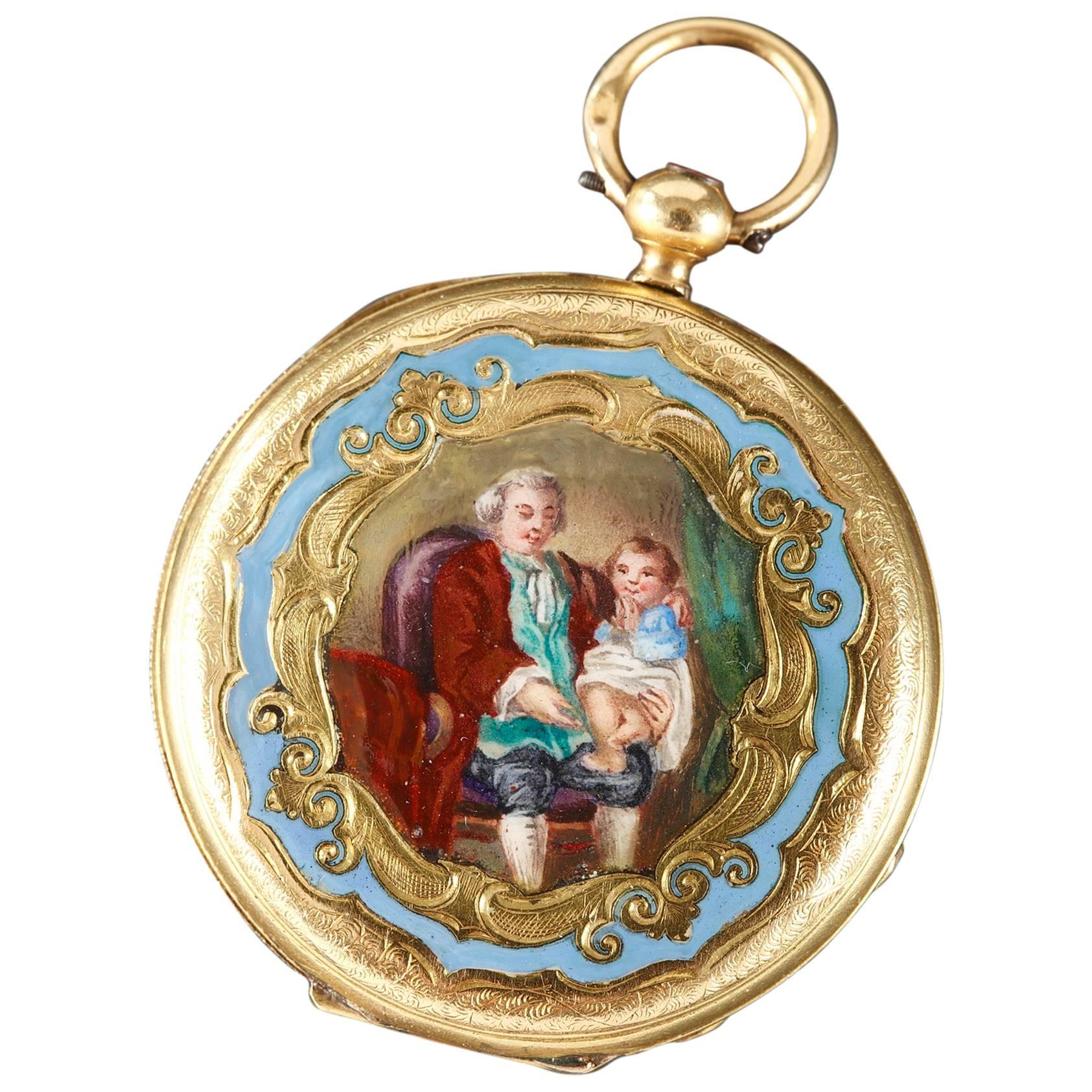 18th Century Enamel Gold Pendant Watch For Sale