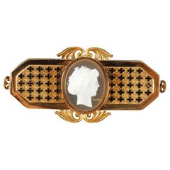 19th Century Agate Enamel Gold Cameo Brooch 