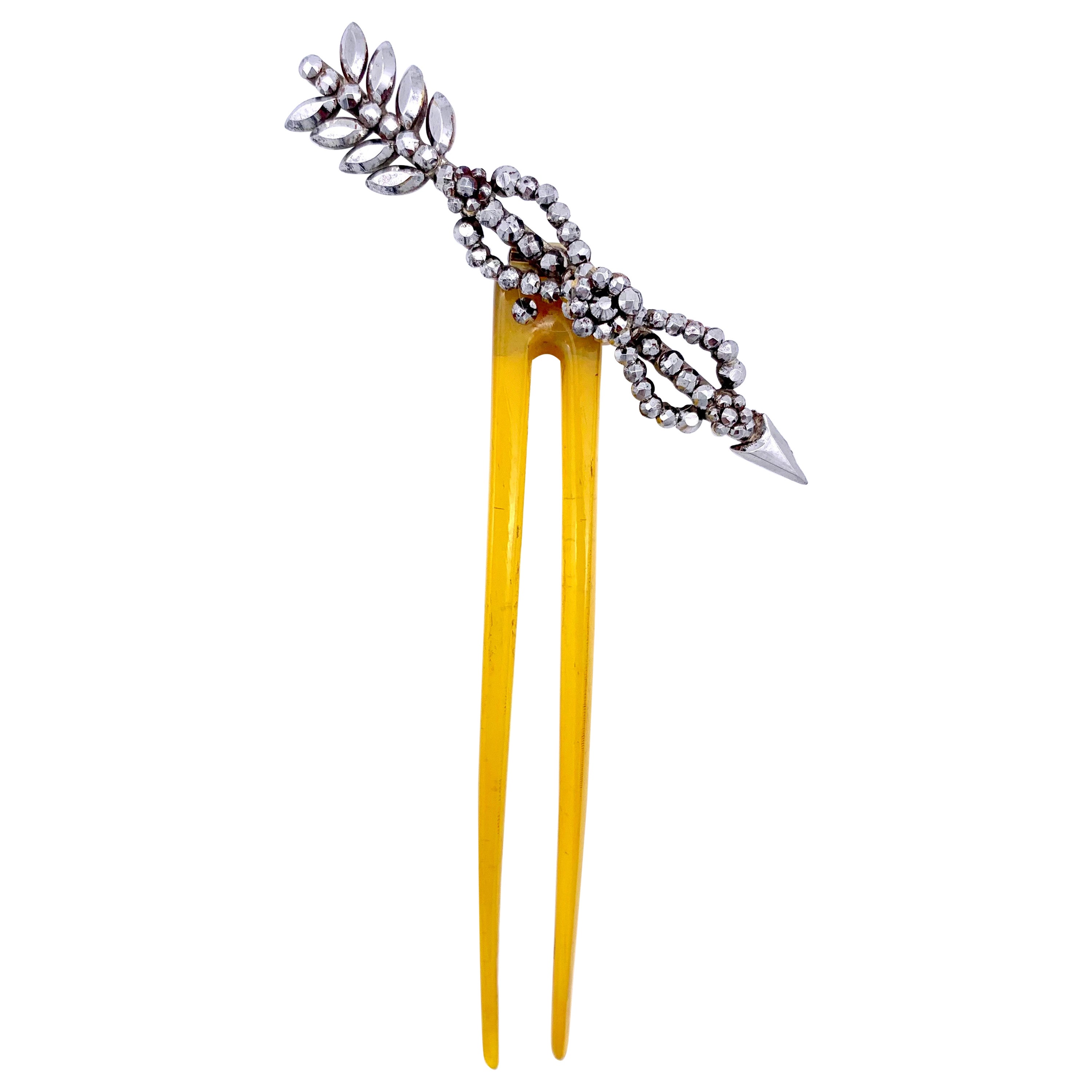 Antique Georgian Cut Steel Hair Pin Cupid's Arrow Eternal Love Symbol Horn  For Sale