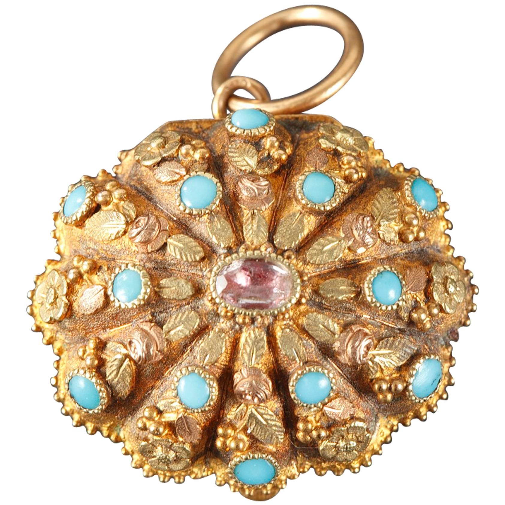 19th Century Cabochon Ruby Turquoise Gold Vinaigrette Pendant For Sale