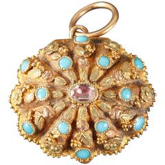 19th Century Cabochon Ruby Turquoise Gold Vinaigrette Pendant