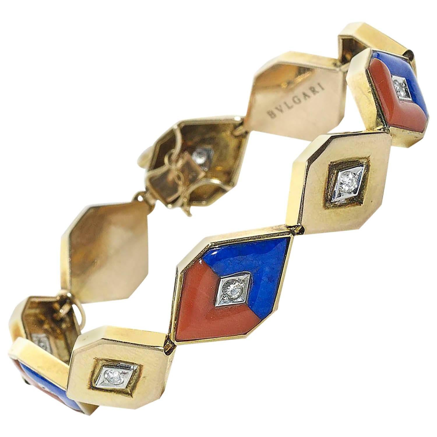 Bulgari Coral Lapis Lazuli Diamond Gold Bracelet