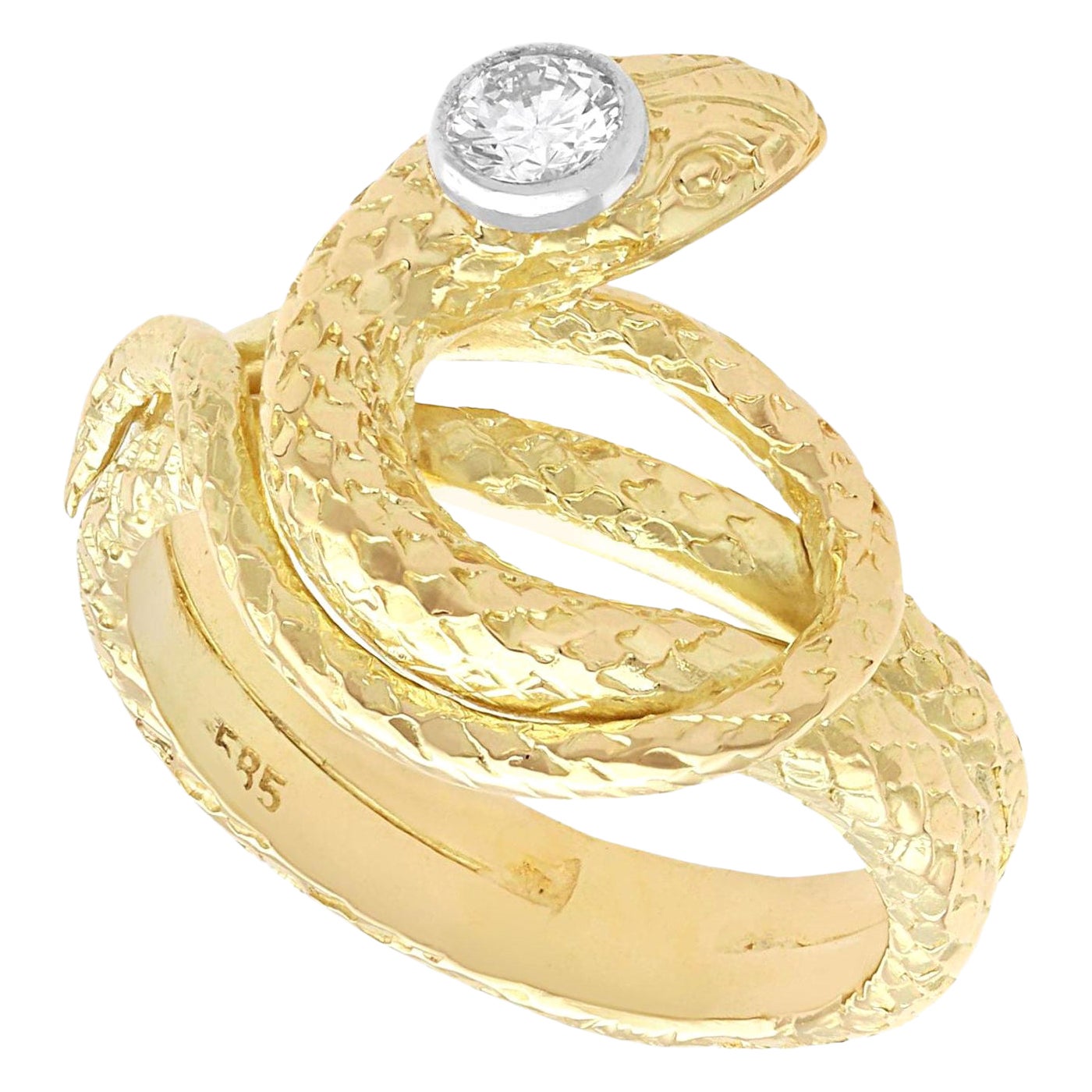 Vintage 0.13ct Diamond and 14ct Yellow Gold Snake Ring