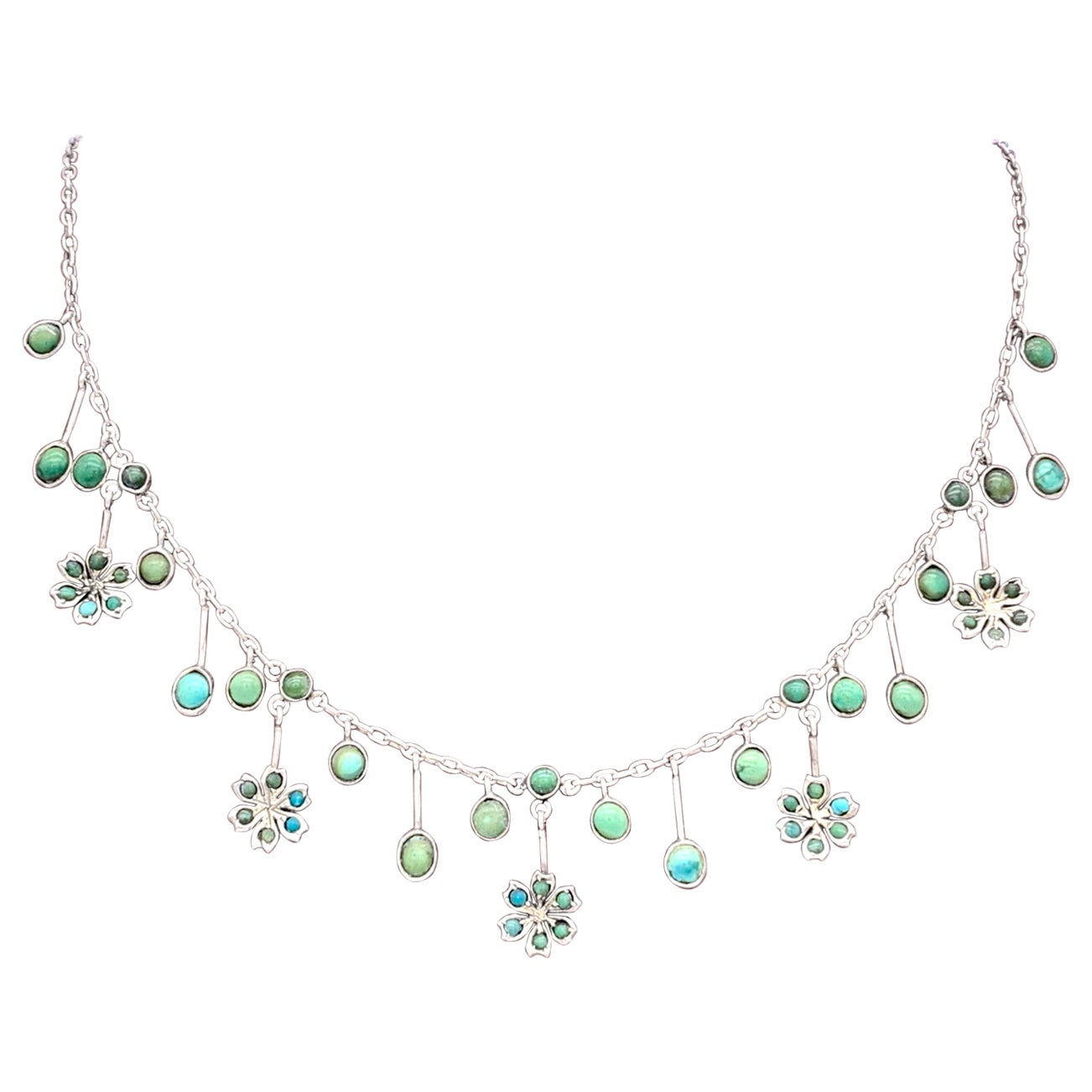 Belle Époque Silver Dangling Turquoise Flowers Cabochons Necklace  For Sale