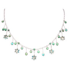 Belle Époque Silver Dangling Turquoise Flowers Cabochons Necklace 