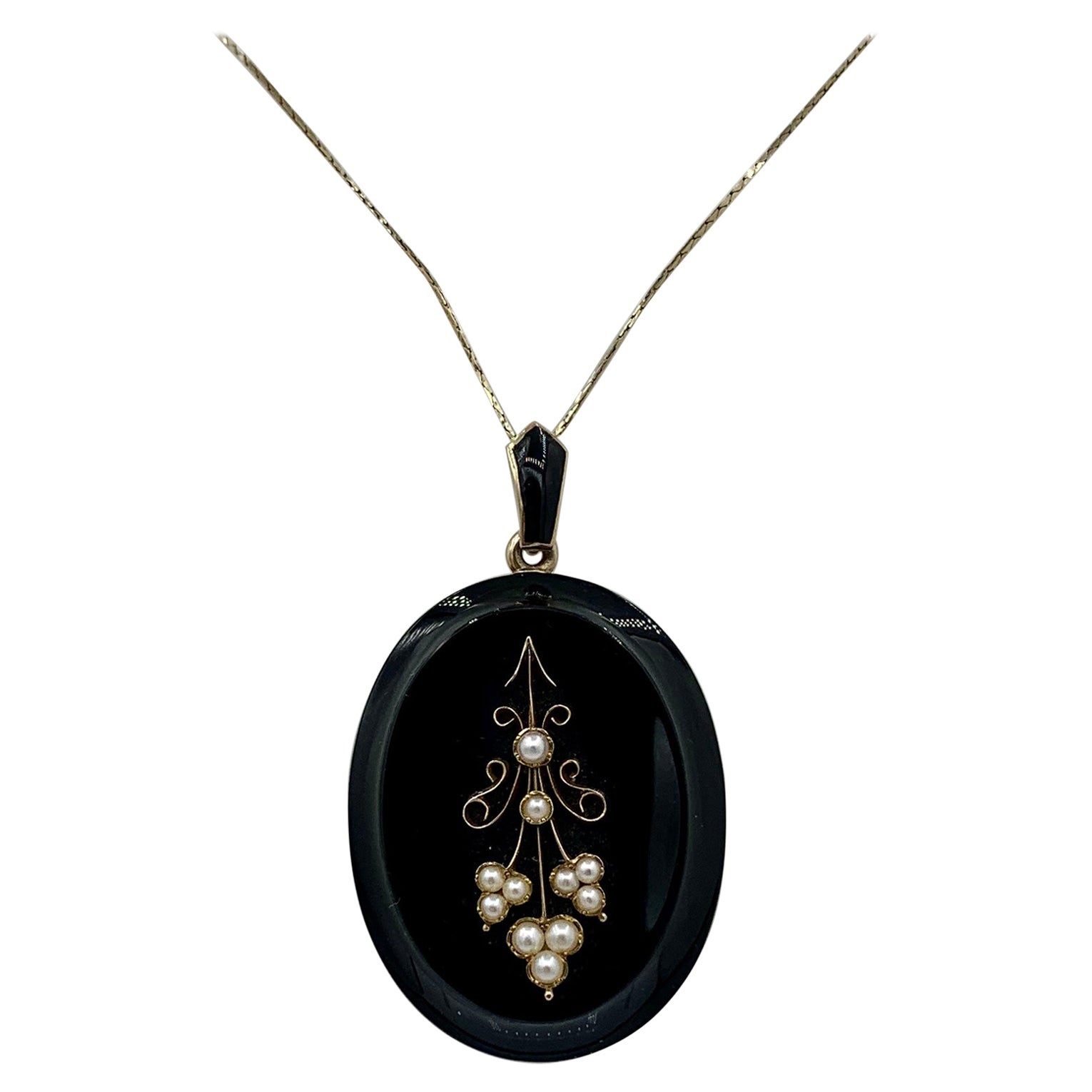 Victorian Black Onyx Pearl Locket Necklace Flower Motif 14K Braided Hair Antique