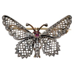 Antique Victorian 18 Karat Gold Rose Cut Diamond Ruby Butterfly Pin Brooch