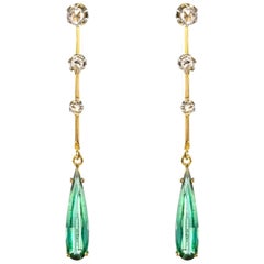 1930s Art Deco Diamonds Tourmaline 18 Karat Yellow Gold Dangle Earrings