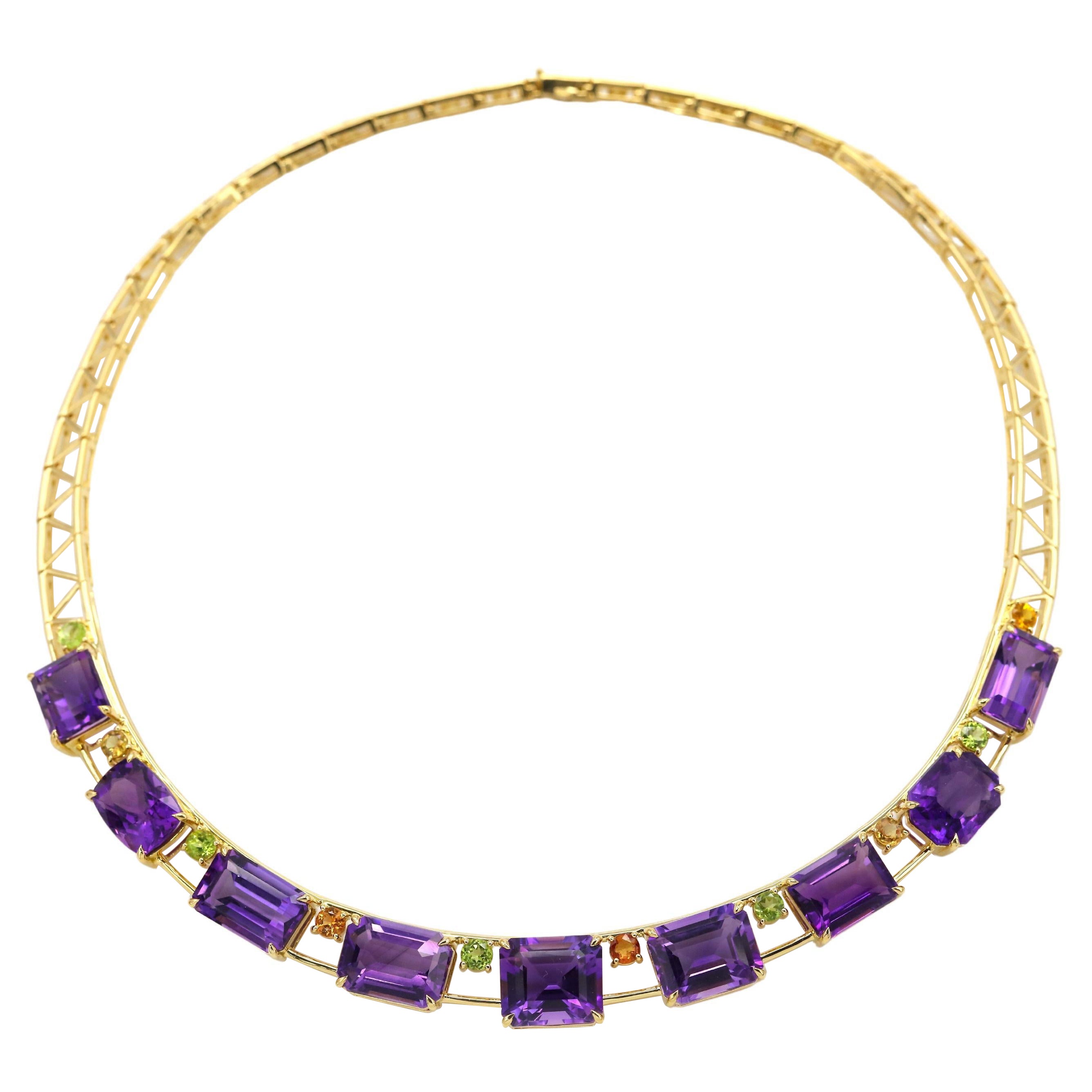 68.74ct Amethyst Orange Sapphire Peridot 18k Yellow Gold Necklace For Sale