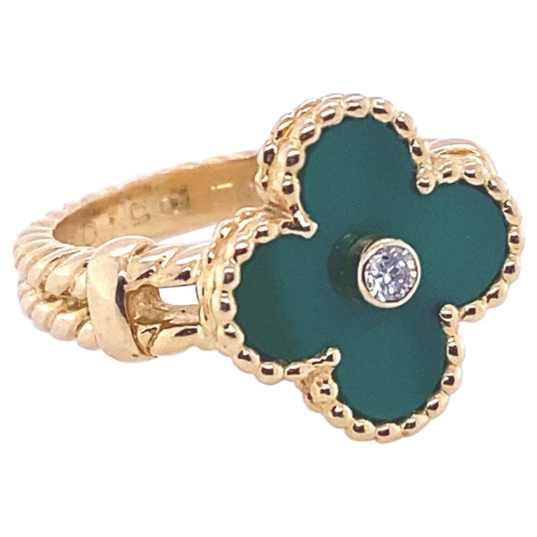 Van Cleef & Arpels Vintage Alhambra Green Chalcedony Yellow Gold Diamond Ring For Sale