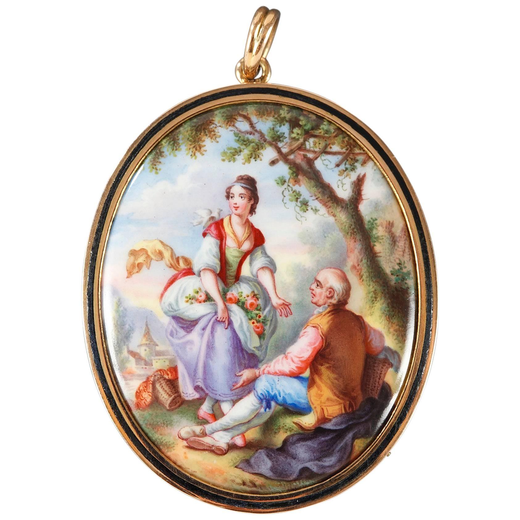 19th Century Enamel Gold Pendant with Pastoral Scene For Sale
