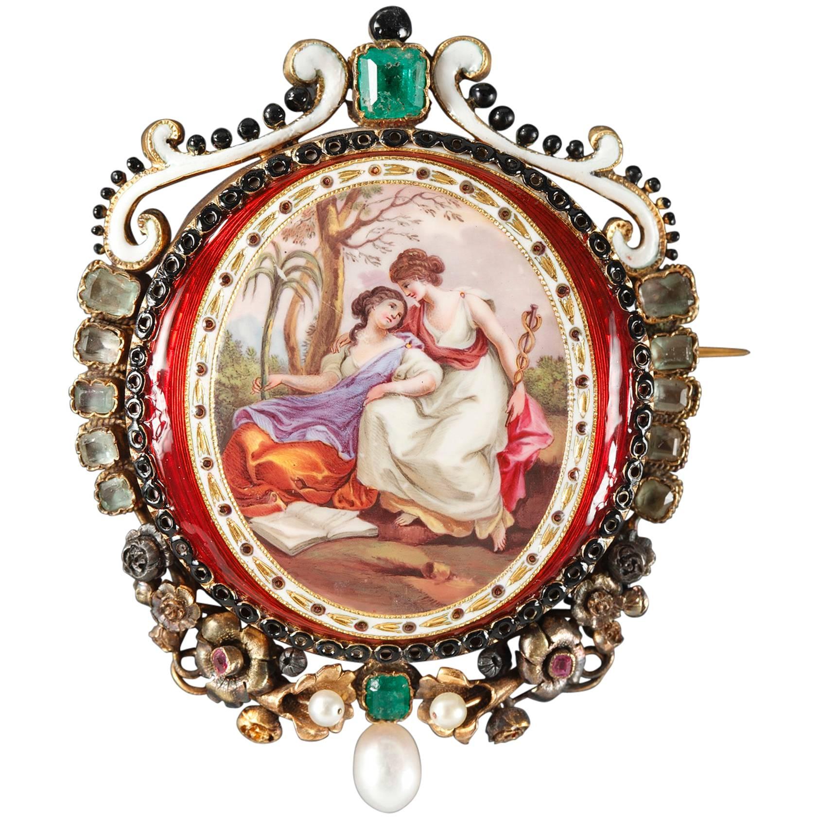 Napoleon III Gold Mounted Brooch with 19th Century Allegorical Scene For Sale