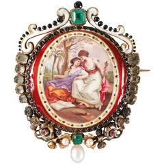 Napoleon III Gold Mounted Brooch with 19th Century Allegorical Scene