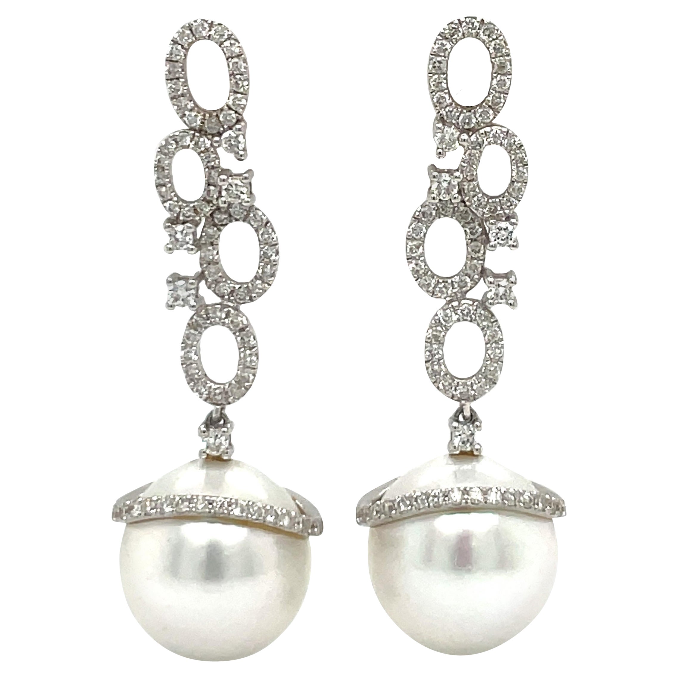 Contemporary South Sea Pearl Diamond Drop Earrings 0.97 Carats 18 Karat White Gold For Sale