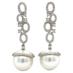 South Sea Pearl Diamond Drop Earrings 0.97 Carats 18 Karat White Gold