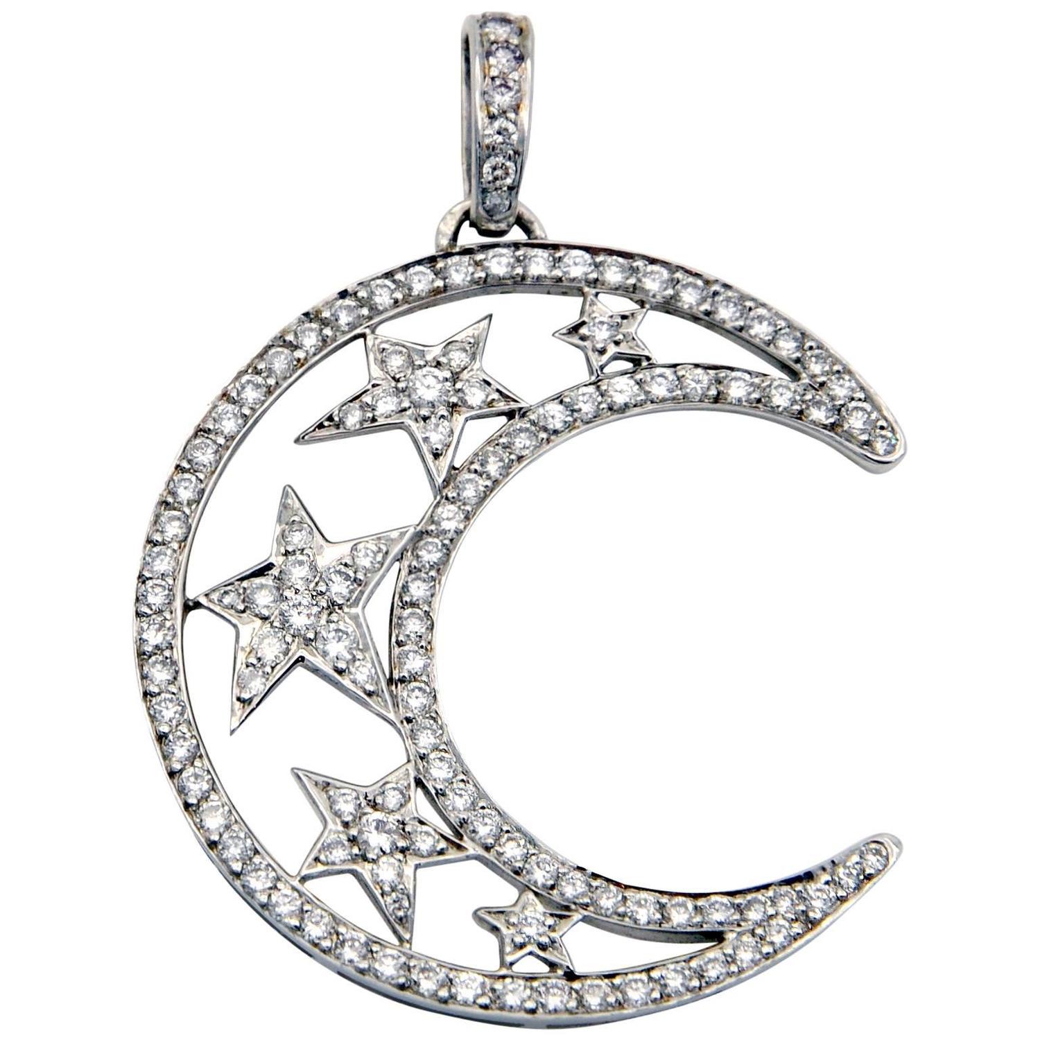 Diamond Gold Moon and Stars Pendant For Sale at 1stdibs