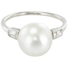 Rare Genuine Fine Pearl Baguette Diamond Platinum Ring 6