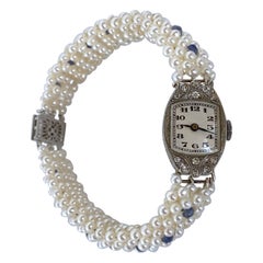 Marina J. Antique French Platinum Diamond Watch with Blue Sapphires & Pearls