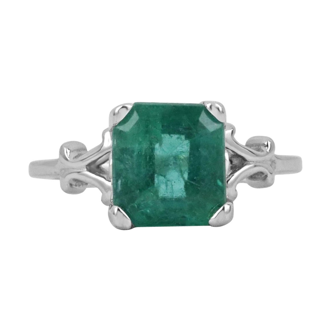 3.25cts 14K Natural Emerald-Asscher Cut Solitaire White Gold Vintage Ring For Sale