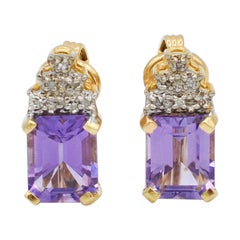10k Gold Amethyst & 6 Diamond Pyramid Earrings with 14k Clip Clasp