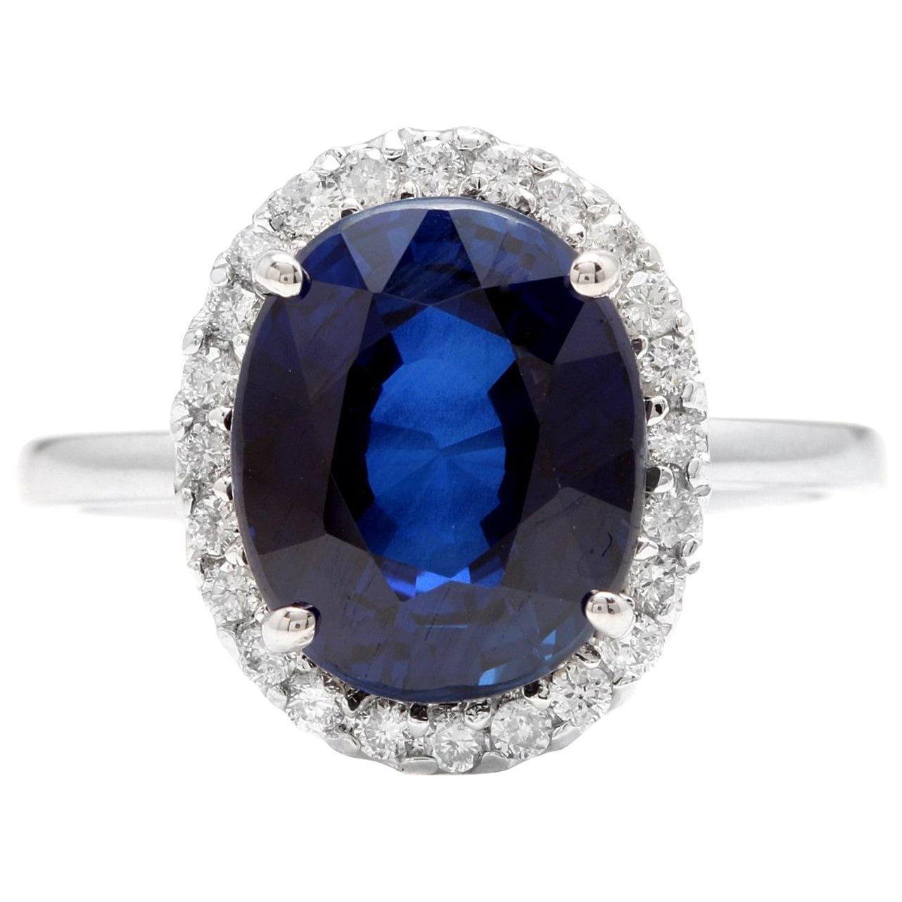 6.35Ct  Blue Sapphire and Natural Diamond 14K White Gold Ring