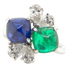 GRS and GIA Certified Sapphire and Emerald Sugarloaf White Diamond Gold Ring