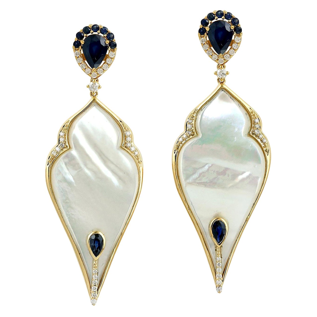 Drop Shape Pearl Dangle Earring with Sapphire & Diamonds Made in 18k Yellow Gold For Sale