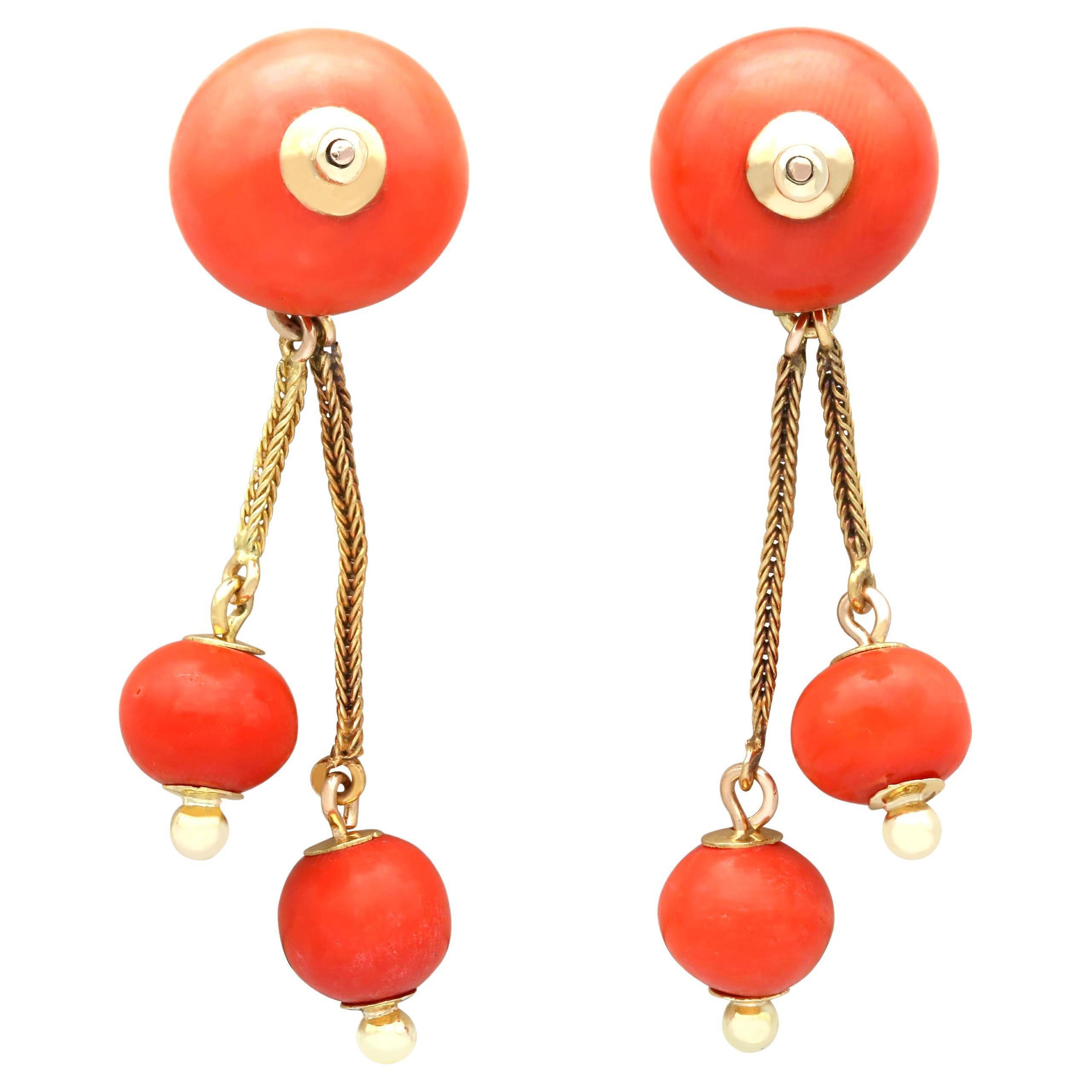 Antique 29.00 Carat Coral and 18 Carat Yellow Gold Drop Earrings For Sale