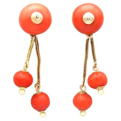 Antique 29.00 Carat Coral and 18 Carat Yellow Gold Drop Earrings