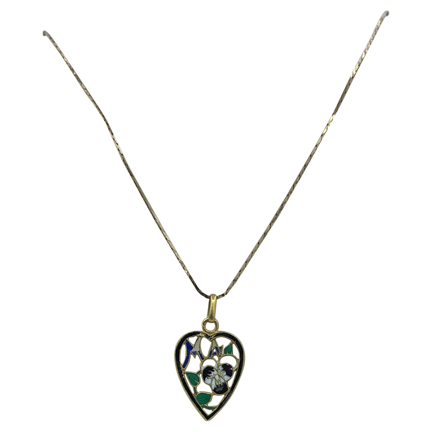 Art Nouveau Pansy Heart Plique-a-jour Enamel Flower Pendant 14 Karat Gold For Sale