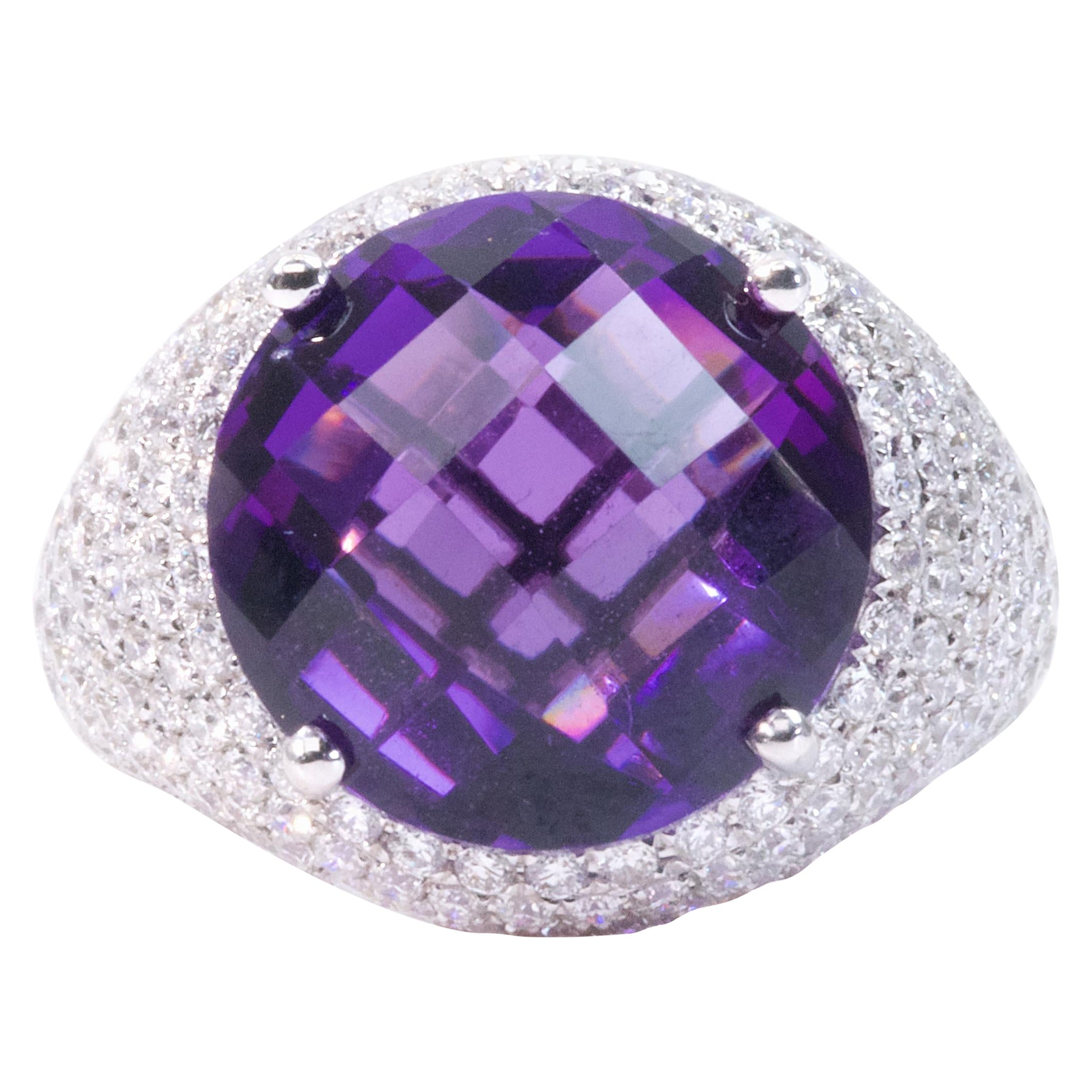 Beautiful 18k White Gold Ring 8.30 Ct Natural Amethyst and Diamonds, AIG Cert