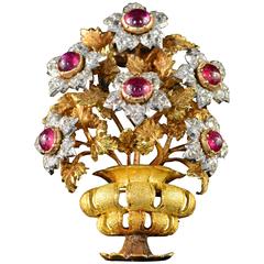 1960s Buccellati Ruby Diamond Gold Floral Basket Brooch