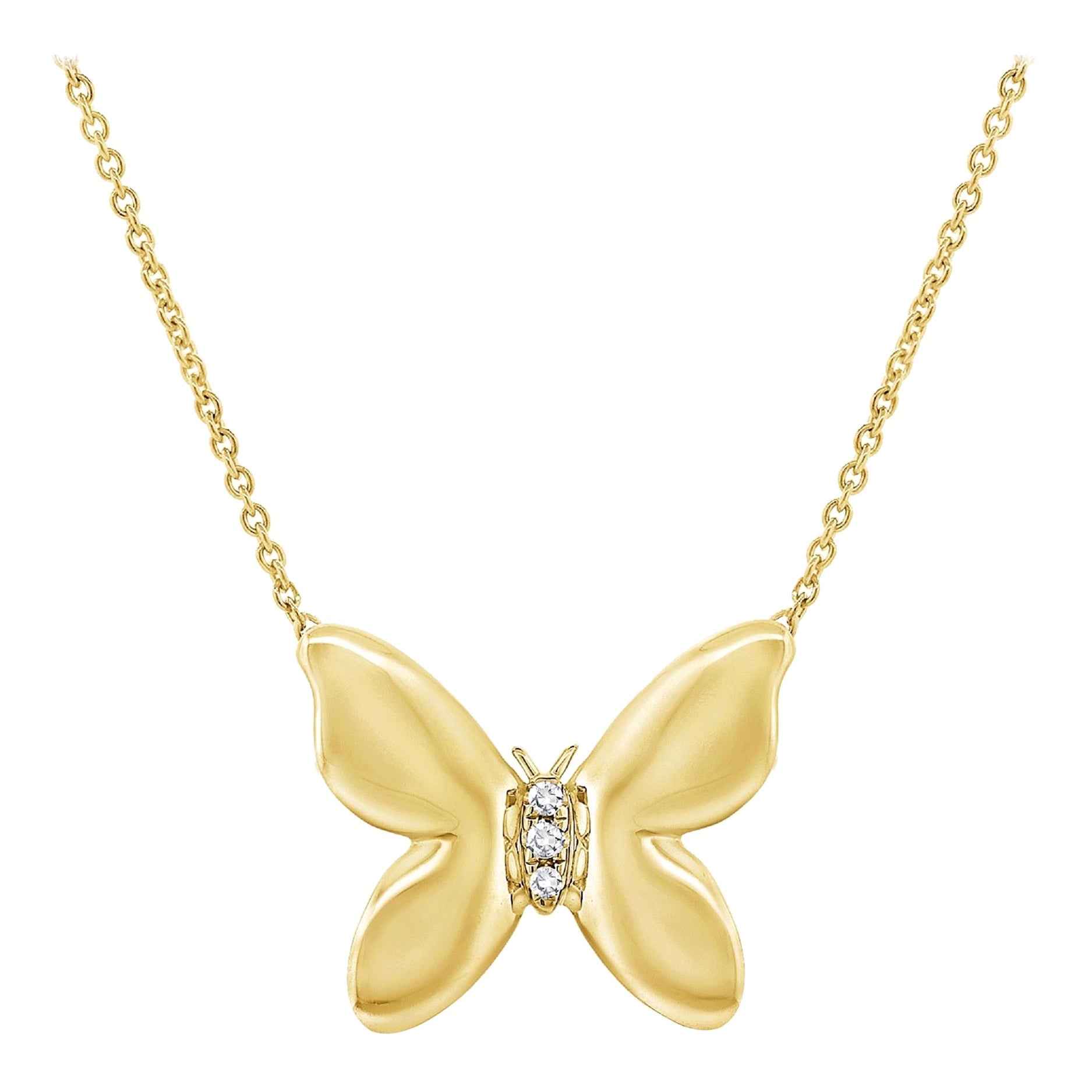 14 Karat Yellow Gold 0.02 Carat Diamond Butterfly Necklace For Sale