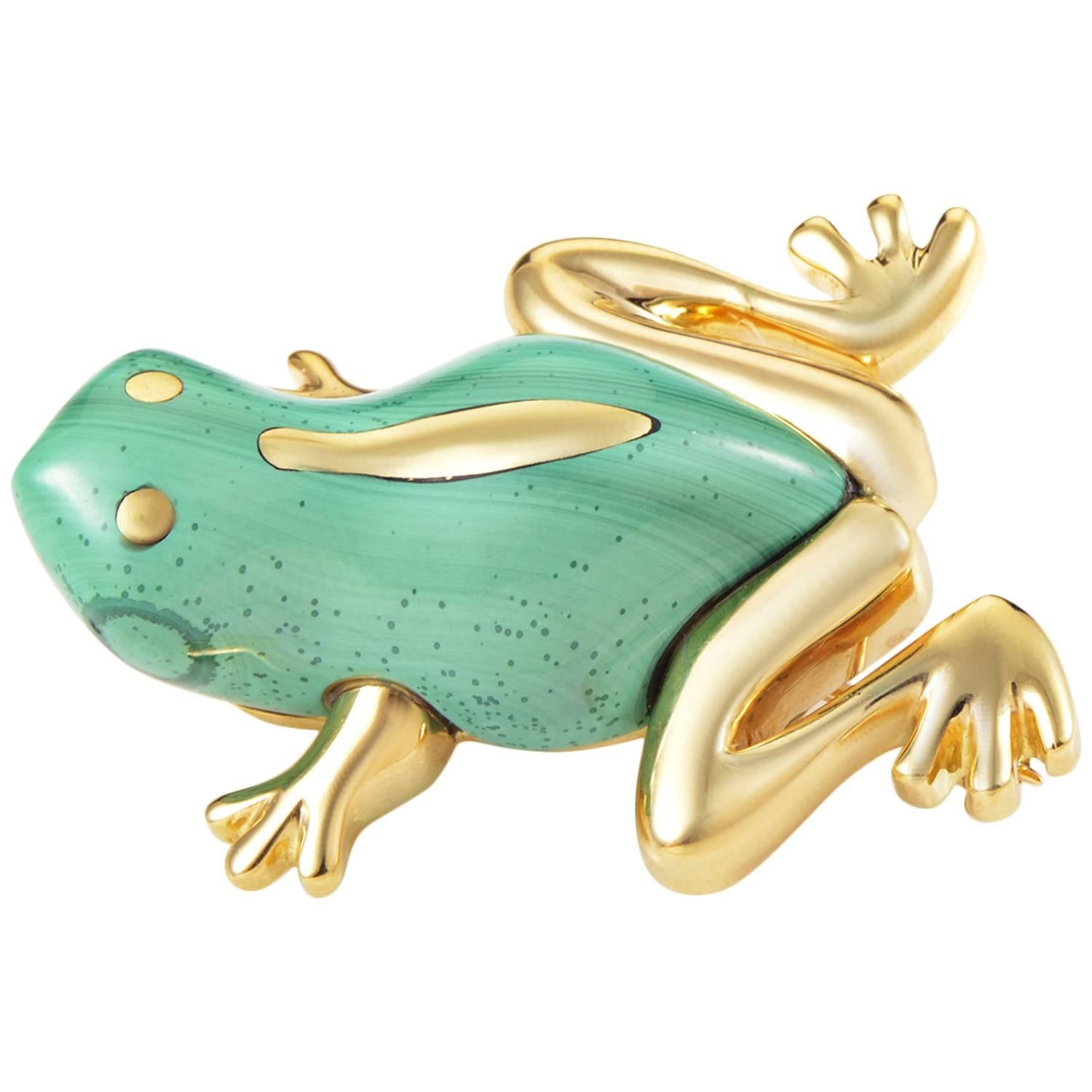 Tiffany & Co. Malachite Gold Frog Brooch