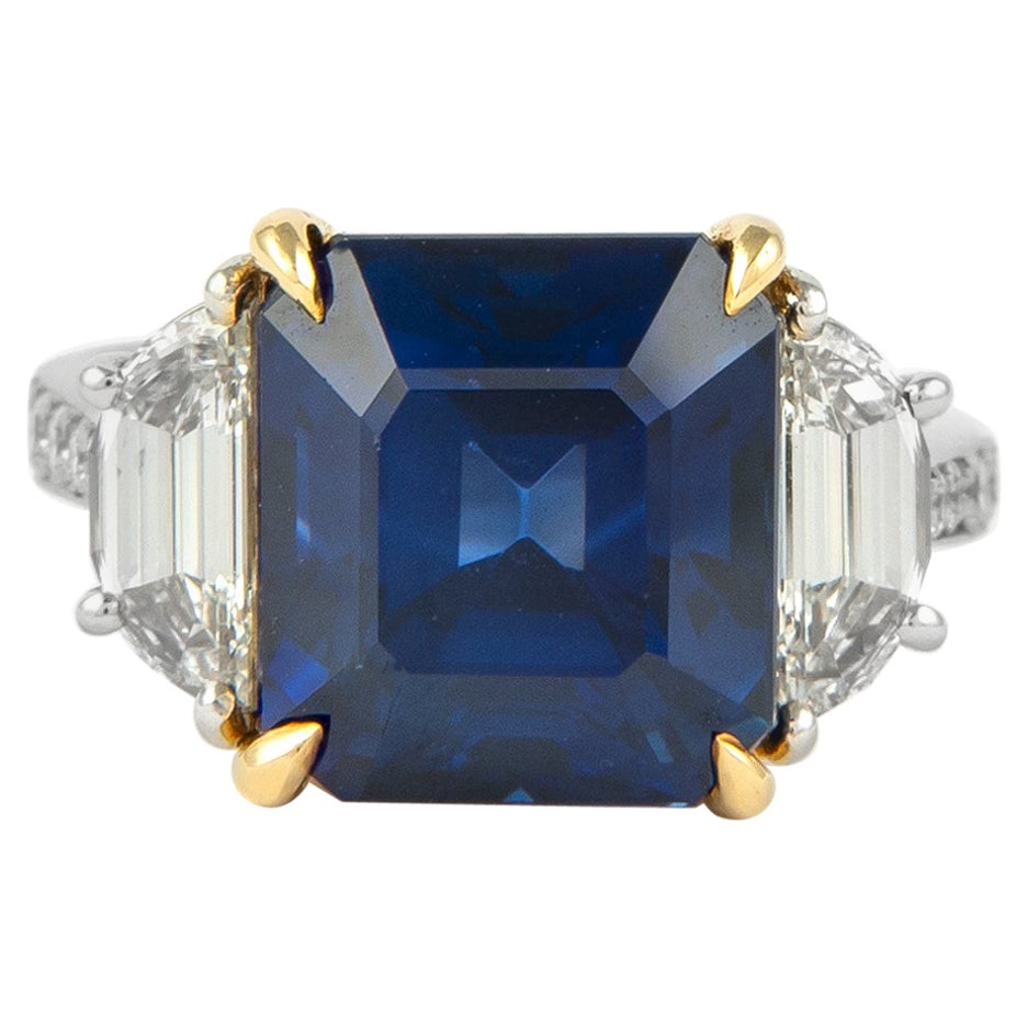 Alexander GIA & AGL 8.99ct Emerald Cut Sapphire with Diamonds Three-Stone Ring For Sale
