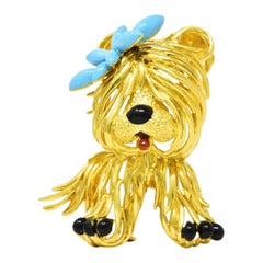 Fred Paris Enamel 18 Karat Yellow Gold Vintage French Maltese Dog Brooch